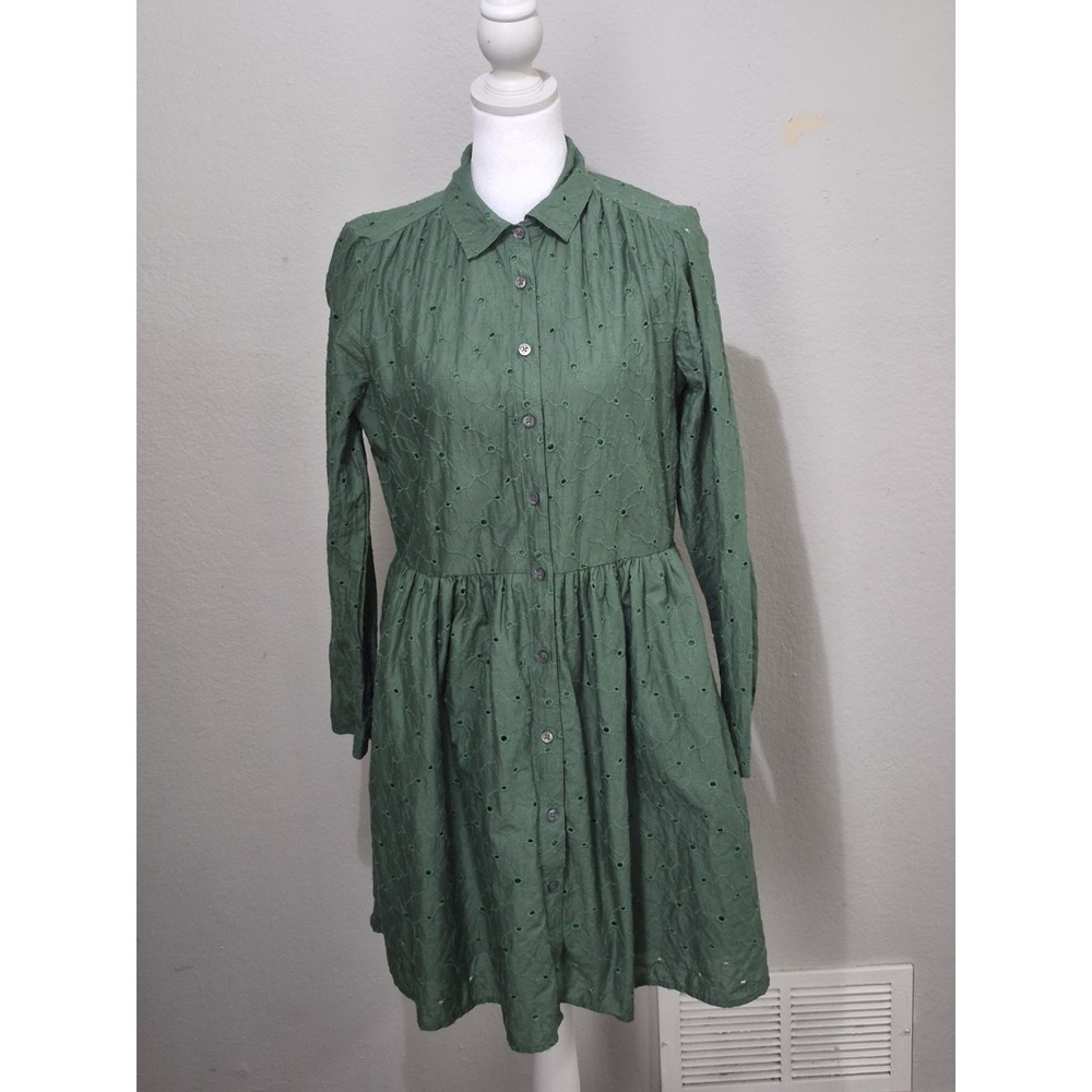 J Crew Green Eyelet Dress Women's Button-Up Preppy Boho Pockets Casual Chic